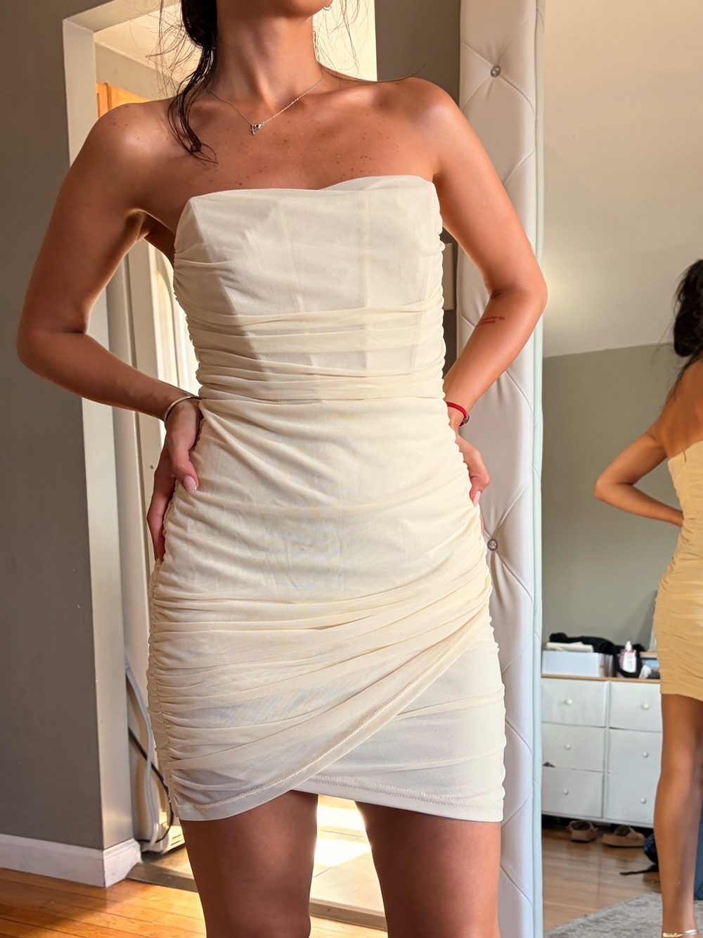 Strapless Ruched Cream Bodycon Dress